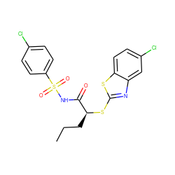 CCC[C@H](Sc1nc2cc(Cl)ccc2s1)C(=O)NS(=O)(=O)c1ccc(Cl)cc1 ZINC000653729619