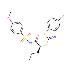 CCC[C@H](Sc1nc2cc(Cl)ccc2s1)C(=O)NS(=O)(=O)c1ccc(OC)cc1 ZINC000653740474