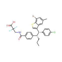 CCC[C@H](c1ccc(C(=O)NCC(F)(F)C(=O)O)cc1)[C@@H](c1ccc(Cl)cc1)c1csc2c(Br)cc(C)cc12 ZINC000198069249