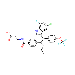 CCC[C@H](c1ccc(C(=O)NCCC(=O)O)cc1)[C@H](c1ccc(OC(F)(F)F)cc1)c1c[nH]c2c(F)cc(Cl)cc12 ZINC000230474114