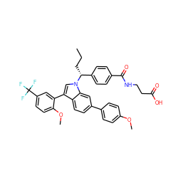 CCC[C@H](c1ccc(C(=O)NCCC(=O)O)cc1)n1cc(-c2cc(C(F)(F)F)ccc2OC)c2ccc(-c3ccc(OC)cc3)cc21 ZINC000473083585