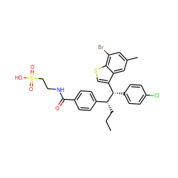 CCC[C@H](c1ccc(C(=O)NCCS(=O)(=O)O)cc1)[C@@H](c1ccc(Cl)cc1)c1csc2c(Br)cc(C)cc12 ZINC000198069964