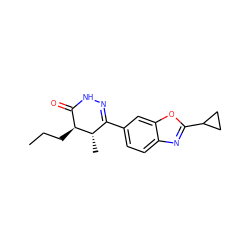 CCC[C@H]1C(=O)NN=C(c2ccc3nc(C4CC4)oc3c2)[C@@H]1C ZINC000139361794