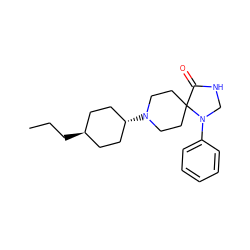 CCC[C@H]1CC[C@H](N2CCC3(CC2)C(=O)NCN3c2ccccc2)CC1 ZINC000100852706