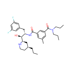 CCC[C@H]1CCN[C@@H]([C@@H](O)[C@H](Cc2cc(F)cc(F)c2)NC(=O)c2cc(C)cc(C(=O)N(CCC)CCC)c2)C1 ZINC000029129011