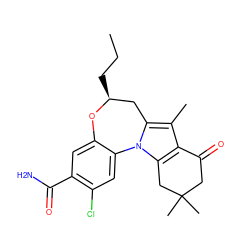 CCC[C@H]1Cc2c(C)c3c(n2-c2cc(Cl)c(C(N)=O)cc2O1)CC(C)(C)CC3=O ZINC000221484087