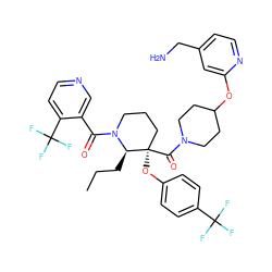 CCC[C@H]1N(C(=O)c2cnccc2C(F)(F)F)CCC[C@@]1(Oc1ccc(C(F)(F)F)cc1)C(=O)N1CCC(Oc2cc(CN)ccn2)CC1 ZINC000653842103