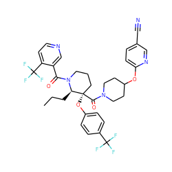 CCC[C@H]1N(C(=O)c2cnccc2C(F)(F)F)CCC[C@@]1(Oc1ccc(C(F)(F)F)cc1)C(=O)N1CCC(Oc2ccc(C#N)cn2)CC1 ZINC000165344873