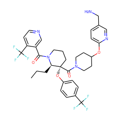 CCC[C@H]1N(C(=O)c2cnccc2C(F)(F)F)CCC[C@@]1(Oc1ccc(C(F)(F)F)cc1)C(=O)N1CCC(Oc2ccc(CN)cn2)CC1 ZINC000653842143