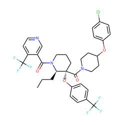 CCC[C@H]1N(C(=O)c2cnccc2C(F)(F)F)CCC[C@@]1(Oc1ccc(C(F)(F)F)cc1)C(=O)N1CCC(Oc2ccc(Cl)cc2)CC1 ZINC000653850111