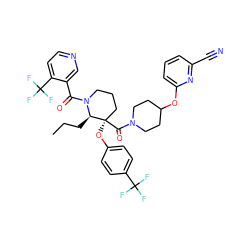 CCC[C@H]1N(C(=O)c2cnccc2C(F)(F)F)CCC[C@@]1(Oc1ccc(C(F)(F)F)cc1)C(=O)N1CCC(Oc2cccc(C#N)n2)CC1 ZINC000653849875