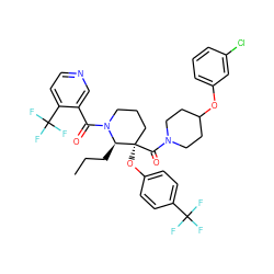 CCC[C@H]1N(C(=O)c2cnccc2C(F)(F)F)CCC[C@@]1(Oc1ccc(C(F)(F)F)cc1)C(=O)N1CCC(Oc2cccc(Cl)c2)CC1 ZINC000653850052