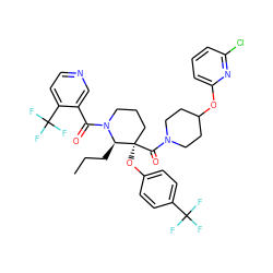 CCC[C@H]1N(C(=O)c2cnccc2C(F)(F)F)CCC[C@@]1(Oc1ccc(C(F)(F)F)cc1)C(=O)N1CCC(Oc2cccc(Cl)n2)CC1 ZINC000653849930