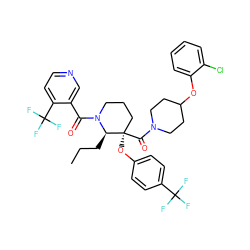 CCC[C@H]1N(C(=O)c2cnccc2C(F)(F)F)CCC[C@@]1(Oc1ccc(C(F)(F)F)cc1)C(=O)N1CCC(Oc2ccccc2Cl)CC1 ZINC000653850098