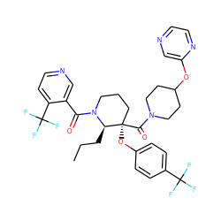 CCC[C@H]1N(C(=O)c2cnccc2C(F)(F)F)CCC[C@@]1(Oc1ccc(C(F)(F)F)cc1)C(=O)N1CCC(Oc2cnccn2)CC1 ZINC000653842879
