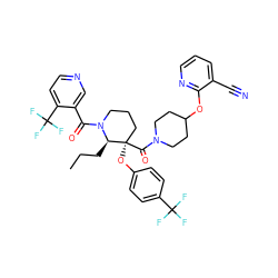 CCC[C@H]1N(C(=O)c2cnccc2C(F)(F)F)CCC[C@@]1(Oc1ccc(C(F)(F)F)cc1)C(=O)N1CCC(Oc2ncccc2C#N)CC1 ZINC000653846532