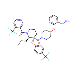 CCC[C@H]1N(C(=O)c2cnccc2C(F)(F)F)CCC[C@@]1(Oc1ccc(C(F)(F)F)cc1)C(=O)N1CCC(Oc2ncccc2CN)CC1 ZINC000653843536