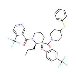 CCC[C@H]1N(C(=O)c2cnccc2C(F)(F)F)CCC[C@@]1(Oc1ccc(C(F)(F)F)cc1)C(=O)N1CCC(Sc2ccccc2)CC1 ZINC000653845414