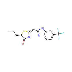 CCC[C@H]1S/C(=C/c2nc3ccc(C(F)(F)F)cc3[nH]2)NC1=O ZINC000103234186