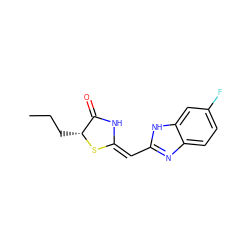 CCC[C@H]1S/C(=C/c2nc3ccc(F)cc3[nH]2)NC1=O ZINC000103234189