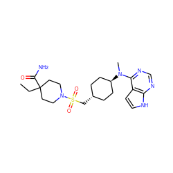 CCC1(C(N)=O)CCN(S(=O)(=O)C[C@H]2CC[C@H](N(C)c3ncnc4[nH]ccc34)CC2)CC1 ZINC000261090719