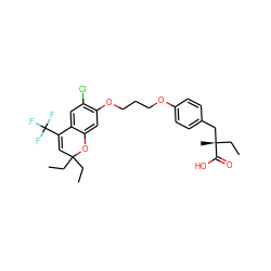 CCC1(CC)C=C(C(F)(F)F)c2cc(Cl)c(OCCCOc3ccc(C[C@](C)(CC)C(=O)O)cc3)cc2O1 ZINC000028571034