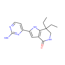 CCC1(CC)CNC(=O)c2cc(-c3ccnc(N)n3)[nH]c21 ZINC000040980539