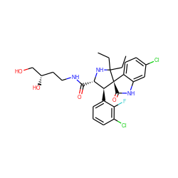 CCC1(CC)N[C@@H](C(=O)NCC[C@H](O)CO)[C@H](c2cccc(Cl)c2F)[C@]12C(=O)Nc1cc(Cl)ccc12 ZINC000299836539
