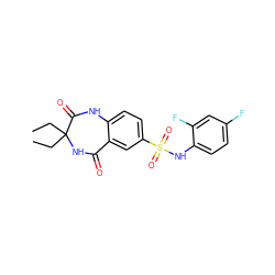 CCC1(CC)NC(=O)c2cc(S(=O)(=O)Nc3ccc(F)cc3F)ccc2NC1=O ZINC000096269438