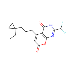 CCC1(CCCc2cc(=O)oc3nc(C(F)F)[nH]c(=O)c23)CC1 ZINC000066074626