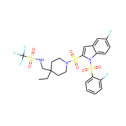 CCC1(CNS(=O)(=O)C(F)(F)F)CCN(S(=O)(=O)c2cc3cc(F)ccc3n2S(=O)(=O)c2ccccc2F)CC1 ZINC000072146509