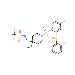 CCC1(CNS(=O)(=O)C(F)(F)F)CCN(S(=O)(=O)c2ccc(Cl)cc2S(=O)(=O)c2ccccc2F)CC1 ZINC000049762220