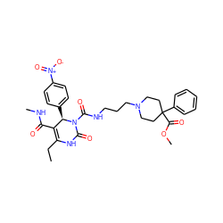 CCC1=C(C(=O)NC)[C@@H](c2ccc([N+](=O)[O-])cc2)N(C(=O)NCCCN2CCC(C(=O)OC)(c3ccccc3)CC2)C(=O)N1 ZINC000027546849