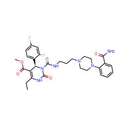 CCC1=C(C(=O)OC)[C@@H](c2ccc(F)cc2F)N(C(=O)NCCCN2CCN(c3ccccc3C(N)=O)CC2)C(=O)N1 ZINC000027547974