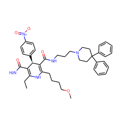 CCC1=C(C(N)=O)[C@@H](c2ccc([N+](=O)[O-])cc2)C(C(=O)NCCCN2CCC(c3ccccc3)(c3ccccc3)CC2)=C(CCCCOC)N1 ZINC000026735760