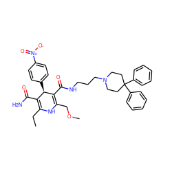 CCC1=C(C(N)=O)[C@@H](c2ccc([N+](=O)[O-])cc2)C(C(=O)NCCCN2CCC(c3ccccc3)(c3ccccc3)CC2)=C(COC)N1 ZINC000026734612