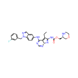 CCC1=C2C(Nc3ccc4c(cnn4Cc4cccc(F)c4)c3)=NC=N[C@H]2N=C1NC(=O)OC[C@@H]1COCCN1 ZINC000049722968