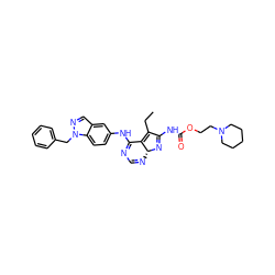 CCC1=C2C(Nc3ccc4c(cnn4Cc4ccccc4)c3)=NC=N[C@H]2N=C1NC(=O)OCCN1CCCCC1 ZINC000049678615