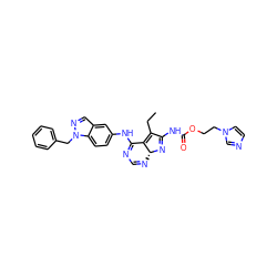 CCC1=C2C(Nc3ccc4c(cnn4Cc4ccccc4)c3)=NC=N[C@H]2N=C1NC(=O)OCCn1ccnc1 ZINC000045253759