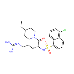 CCC1CCN(C(=O)[C@@H](CCCN=C(N)N)NS(=O)(=O)c2cccc3c(Cl)cccc23)CC1 ZINC000027895606