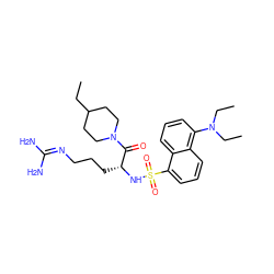 CCC1CCN(C(=O)[C@@H](CCCN=C(N)N)NS(=O)(=O)c2cccc3c(N(CC)CC)cccc23)CC1 ZINC000027899293