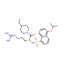 CCC1CCN(C(=O)[C@@H](CCCN=C(N)N)NS(=O)(=O)c2cccc3c(OC(C)C)cccc23)CC1 ZINC000027895495