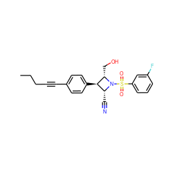 CCCC#Cc1ccc([C@@H]2[C@@H](C#N)N(S(=O)(=O)c3cccc(F)c3)[C@H]2CO)cc1 ZINC000095605459