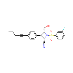 CCCC#Cc1ccc([C@@H]2[C@H](C#N)N(S(=O)(=O)c3cccc(F)c3)[C@H]2CO)cc1 ZINC000095599803