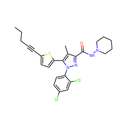 CCCC#Cc1ccc(-c2c(C)c(C(=O)NN3CCCCC3)nn2-c2ccc(Cl)cc2Cl)s1 ZINC000040872595