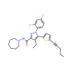 CCCC#Cc1ccc(-c2c(CC)c(C(=O)NN3CCCCCC3)nn2-c2ccc(Cl)cc2Cl)s1 ZINC000040861574