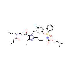 CCCC(=O)N(CCC)CCC(=O)c1c(CC)nc(CCC)n1Cc1ccc(-c2ccccc2S(=O)(=O)NC(=O)OCCC(C)C)cc1F ZINC000026747035