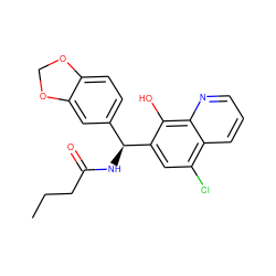 CCCC(=O)N[C@@H](c1ccc2c(c1)OCO2)c1cc(Cl)c2cccnc2c1O ZINC000000801076