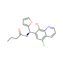 CCCC(=O)N[C@@H](c1ccco1)c1cc(Cl)c2cccnc2c1O ZINC000000092414