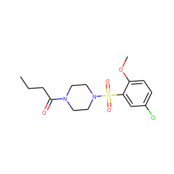 CCCC(=O)N1CCN(S(=O)(=O)c2cc(Cl)ccc2OC)CC1 ZINC000002939837